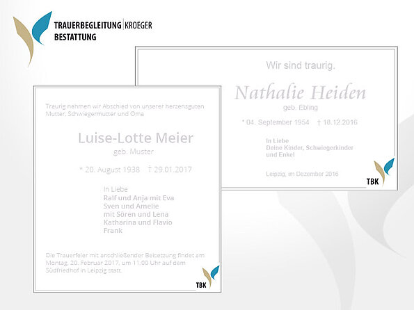 Traueranzeigen-Vorlage im Corporate Design von Trauerbegleitung Kröger