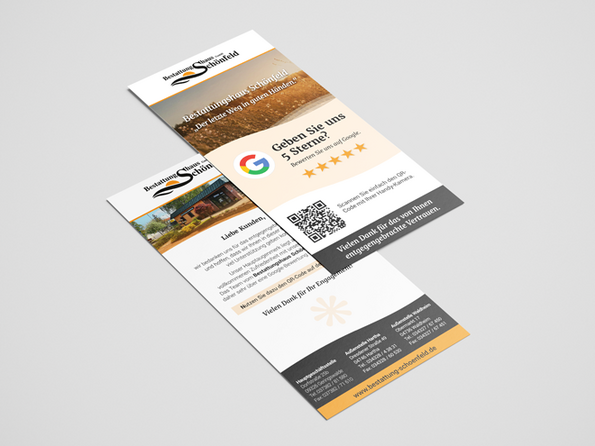 Google-Bewertungskarte für Bestattungsunternehmen Schönfeld mit QR-Code zur direkten Google-Rezension