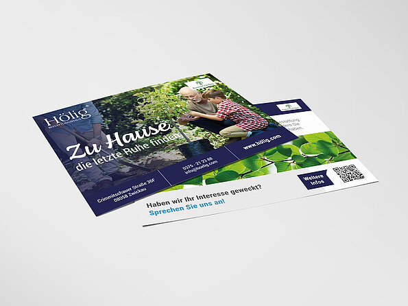 Tip-on-Card für Bestattungsunternehmen Hölig, aufklebbare Werbepostkarte im Corporate Design