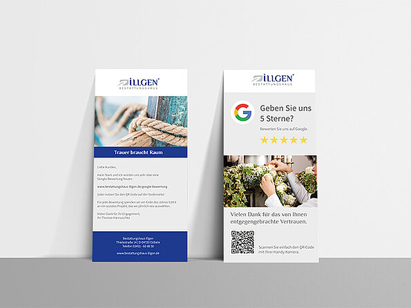 Google-Bewertungskarte für Bestattungsunternehmen Illgen mit QR-Code zur direkten Google-Rezension