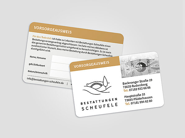 Vorsorgeausweis für Bestattungsvorsorge bei Bestattungen Scheufele im Kreditkartenformat
