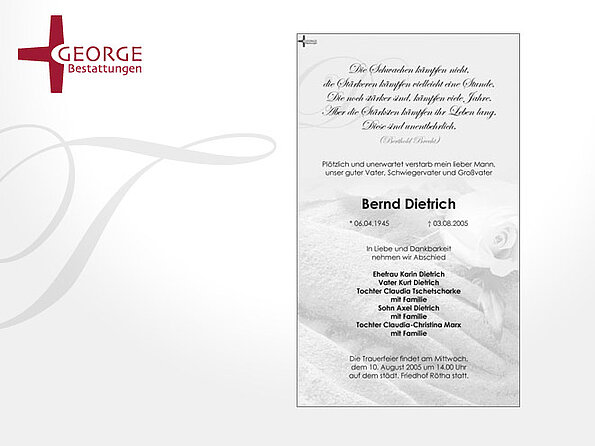Traueranzeigen-Vorlage im Corporate Design von George Bestattungen