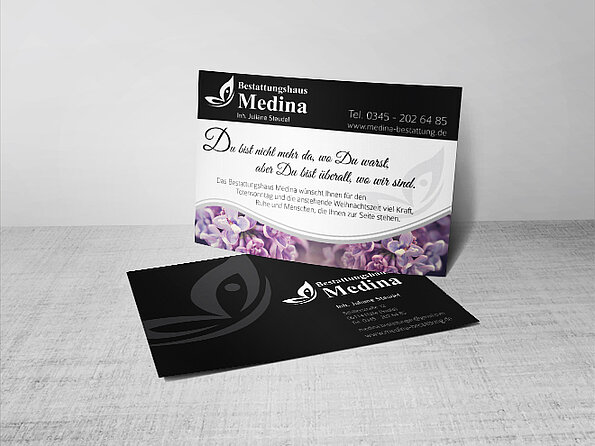 Tip-on-Card für Bestattungsunternehmen Medina, aufklebbare Werbepostkarte im Corporate Design