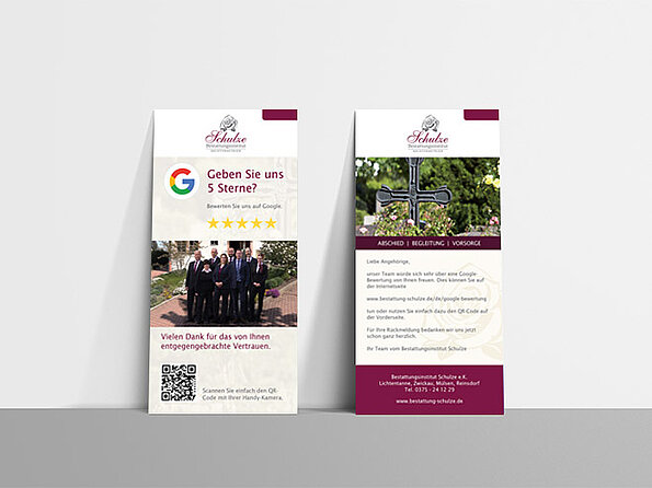 Google-Bewertungskarte für Bestattungsunternehmen Schulze mit QR-Code zur direkten Google-Rezension