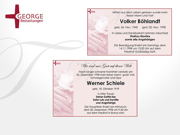 Traueranzeigen-Vorlage im Corporate Design von George Bestattungen
