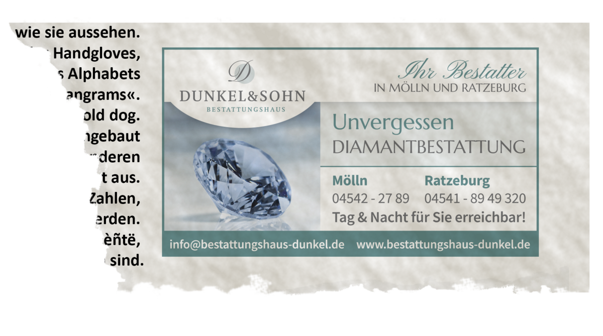 Zeitungsanzeige für Bestatter Dunkel und Sohn Bestattungen zum Thema Diamantbestattungen